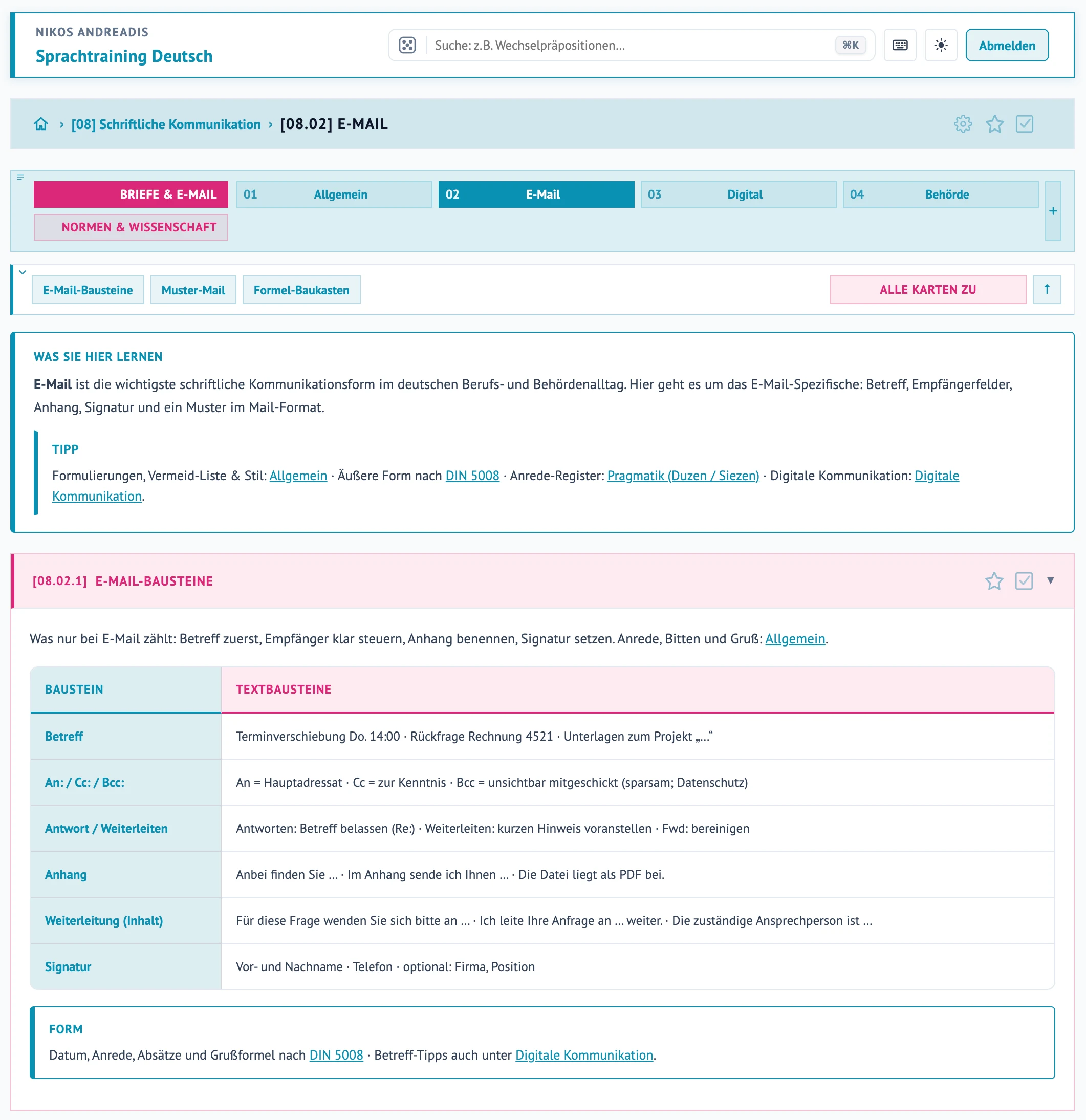 Modul Schriftliche Kommunikation für E-Mail mit Bausteinen und DIN 5008